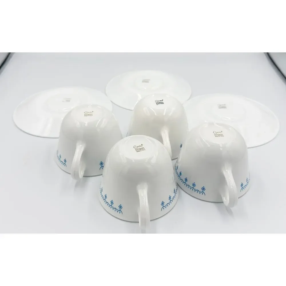 Vintage Snowflake Blue (Corelle) by CORNING - Flat Cup & Saucer 7pc Set
